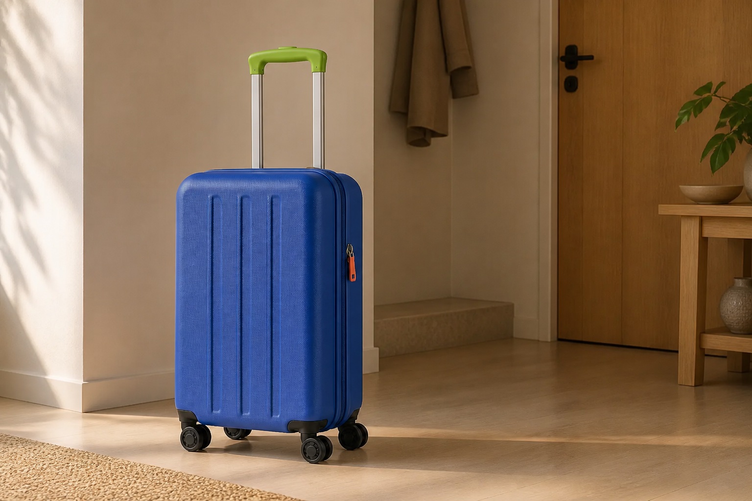 Illustrative cobalt carry-on suitcase in a warm apartment entryway